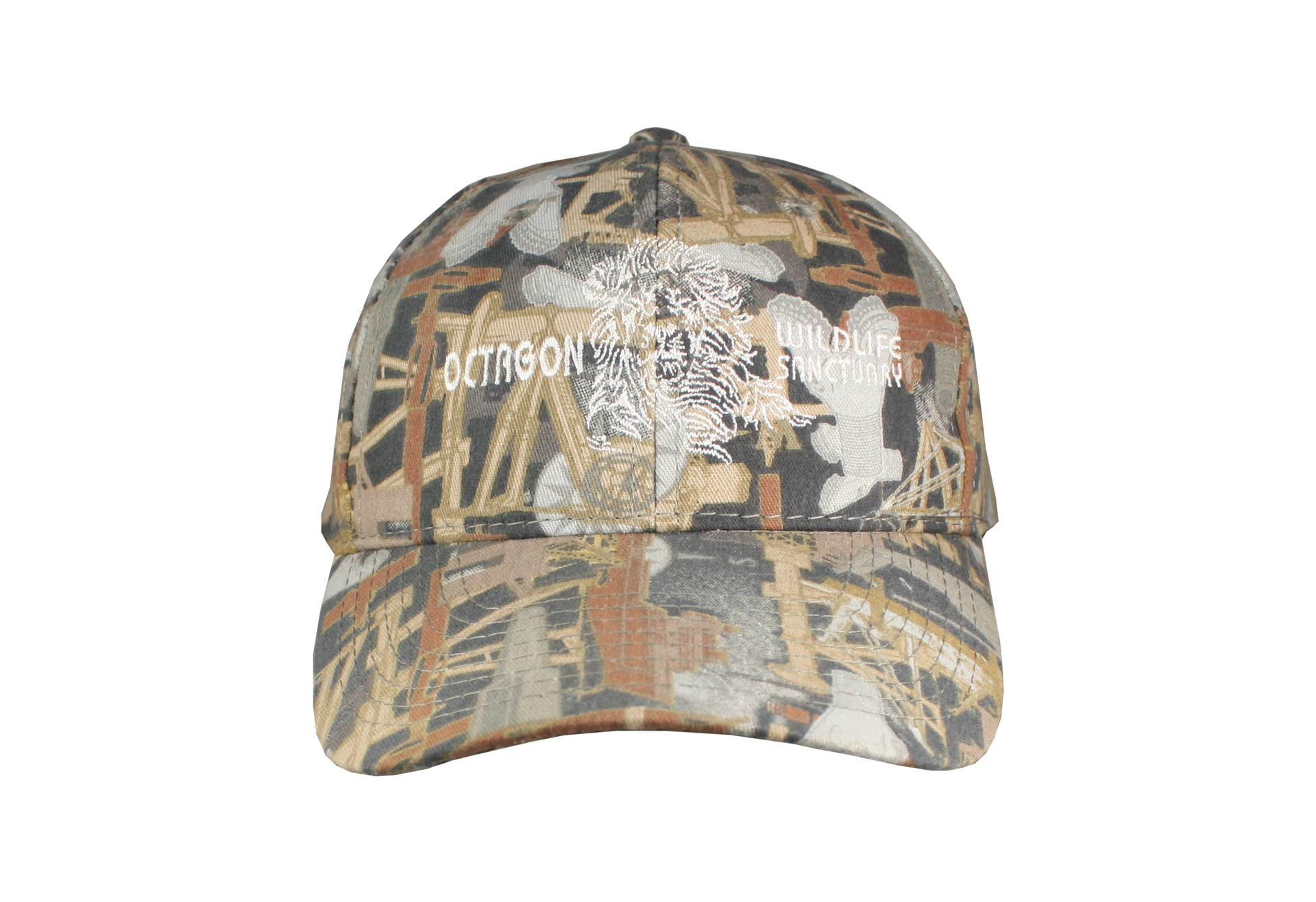 A baseball cap with a camouflage pattern on it on a white background.