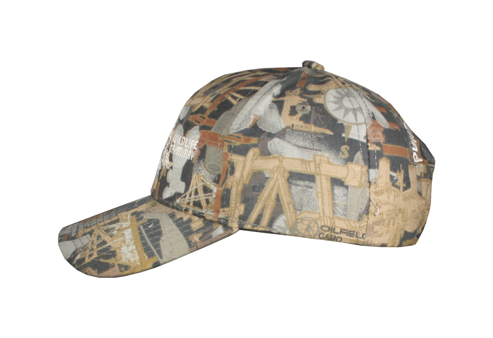 A baseball cap with a camouflage pattern on it on a white background.