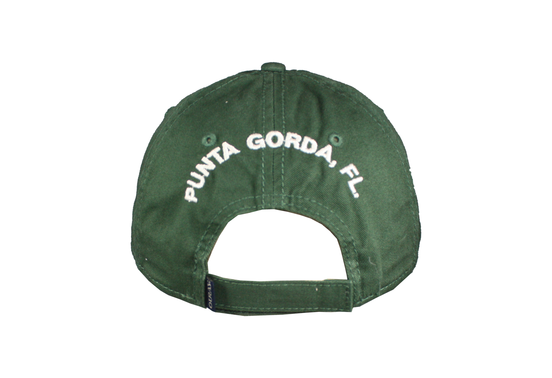 The back of a green baseball cap that says punta gorda fl