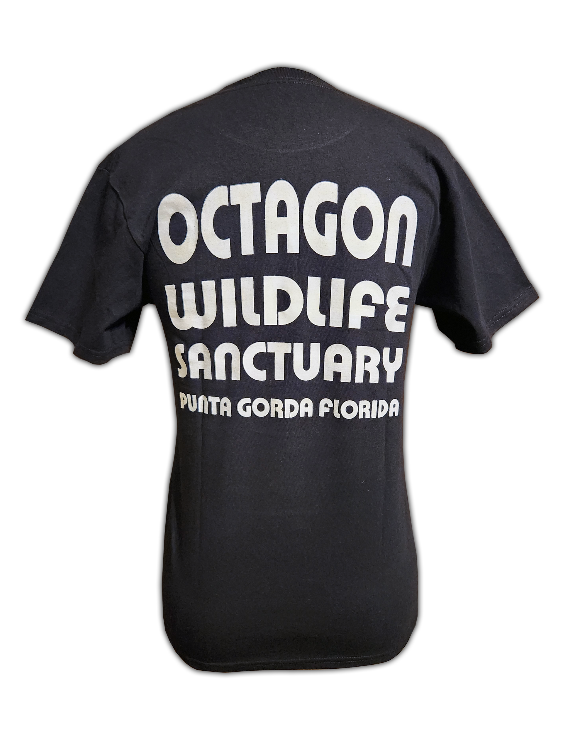 The back of a black octagon wildlife sanctuary t-shirt