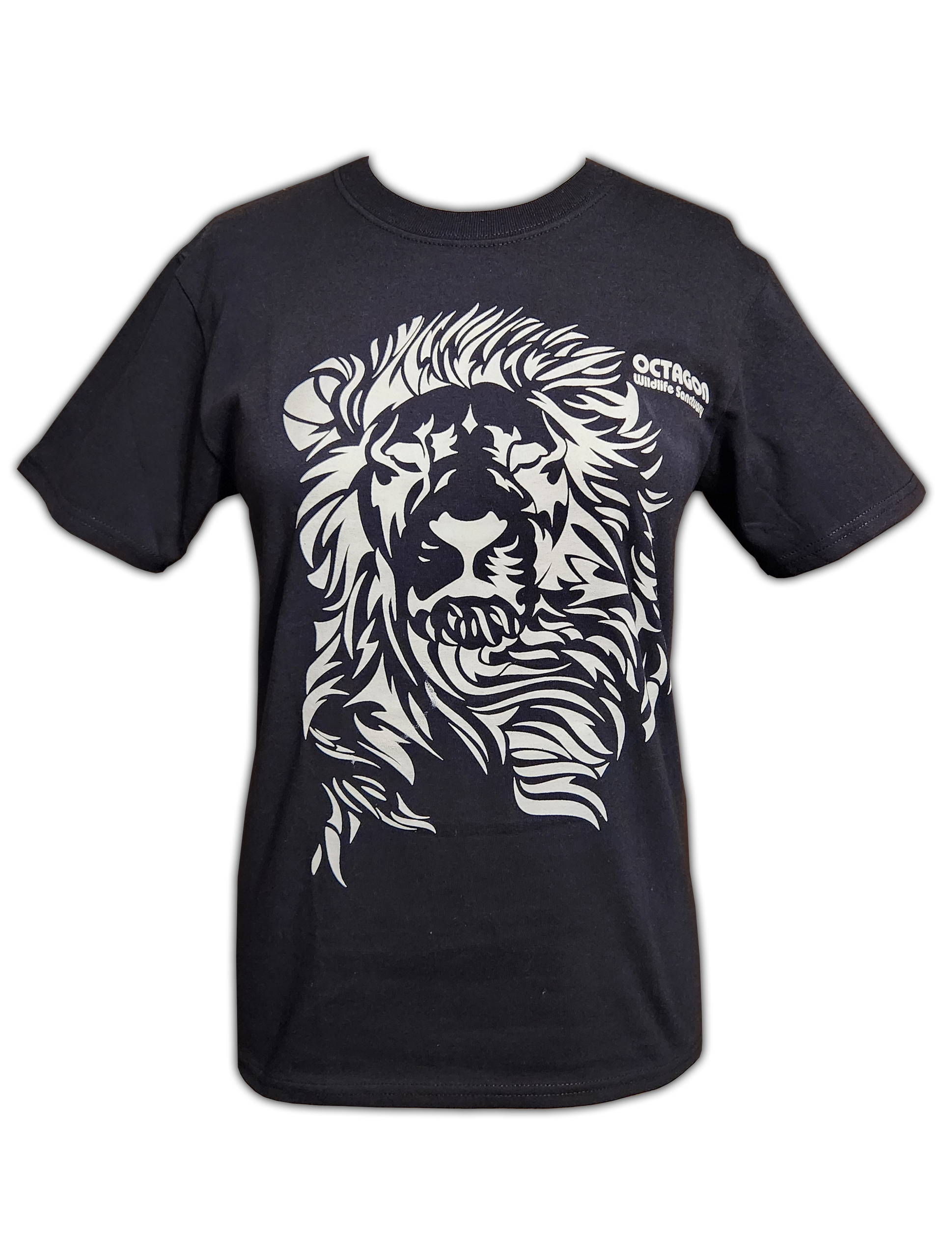 A black t-shirt with a picture of a lion on it