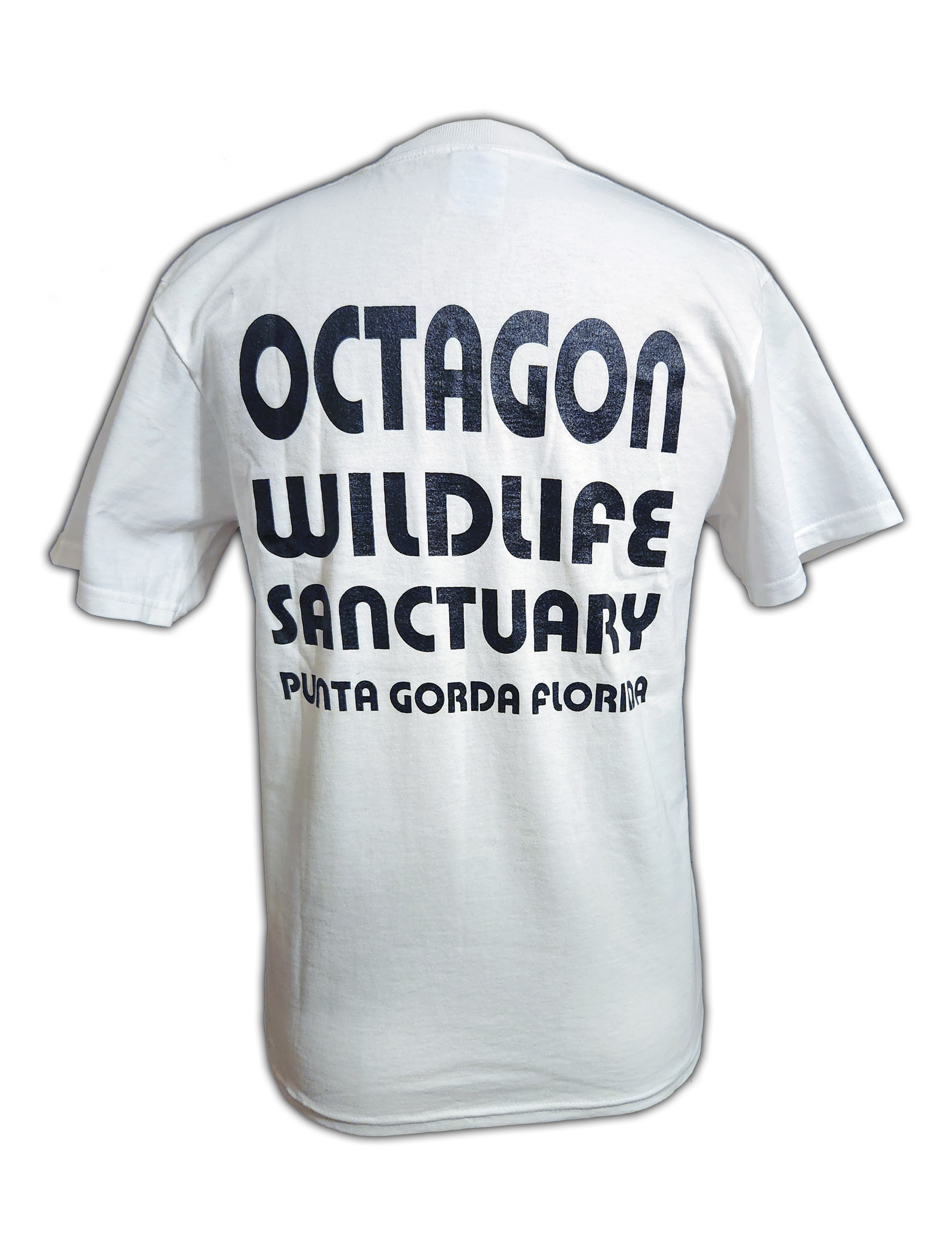 The back of a white octagon wildlife sanctuary t-shirt