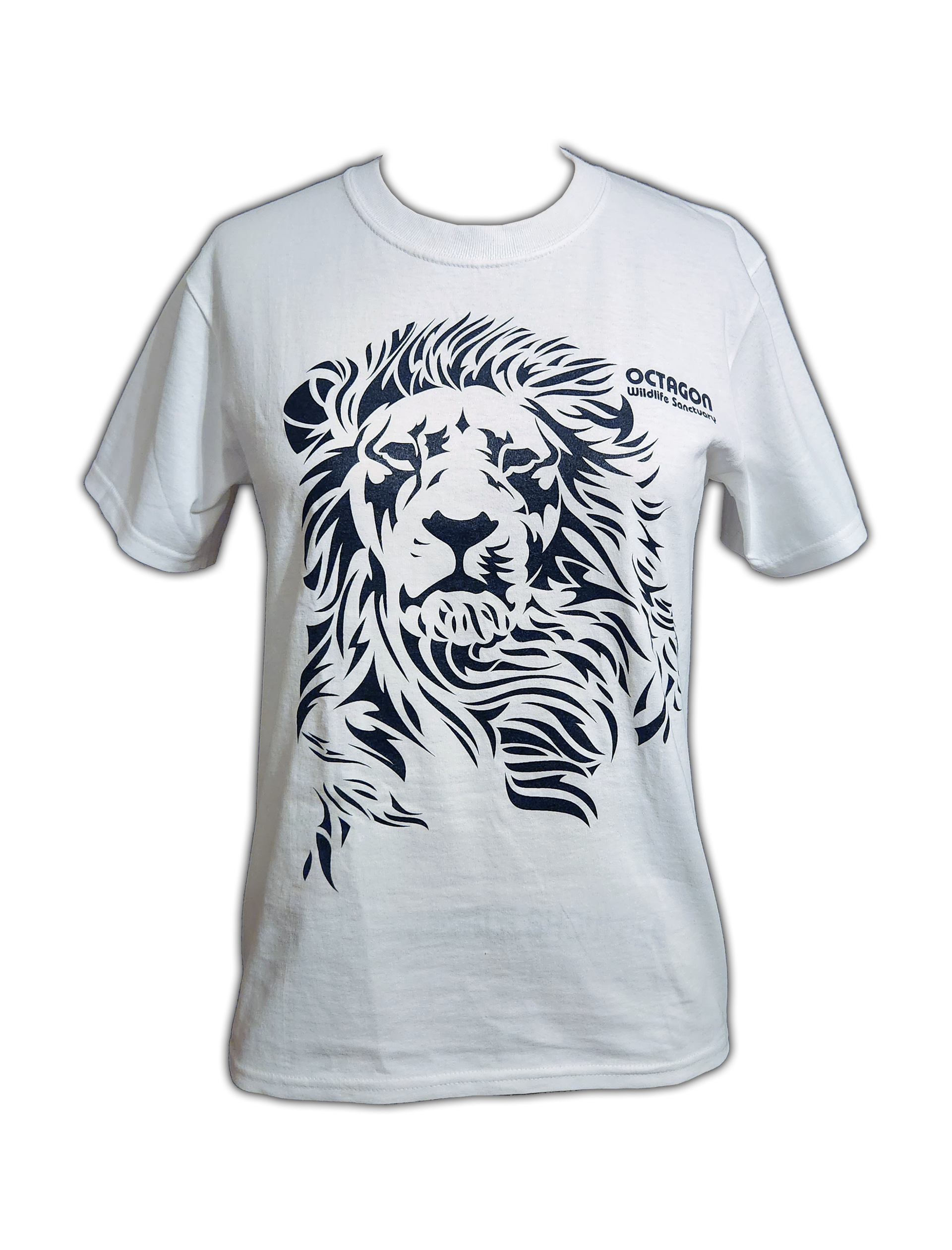 A white t-shirt with a picture of a lion on it