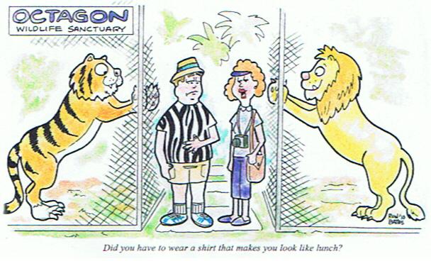 A cartoon of a man and woman standing in front of a tiger and a lion.