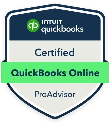 Certified QuickBooks Online ProAdvisor badge. Shield-shaped with green and white text and logo.