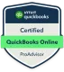 Certified QuickBooks Online ProAdvisor badge. Shield-shaped with green and white text and logo.