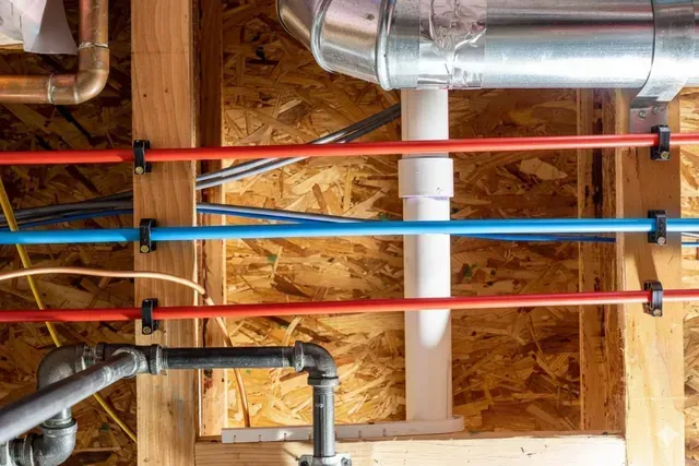 Plumbing pipes and ductwork secured to a wood-paneled wall; red, blue, and copper pipes visible.