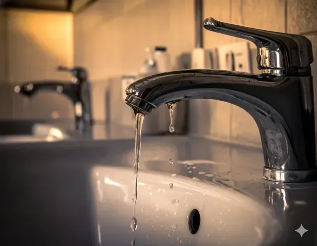 Two chrome bathroom faucets with water dripping into a white sink.