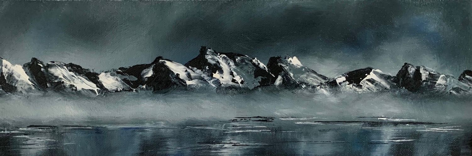 Blue Misty Mountain Lake, oil on canvas, 27.5 x 8cm, framed
