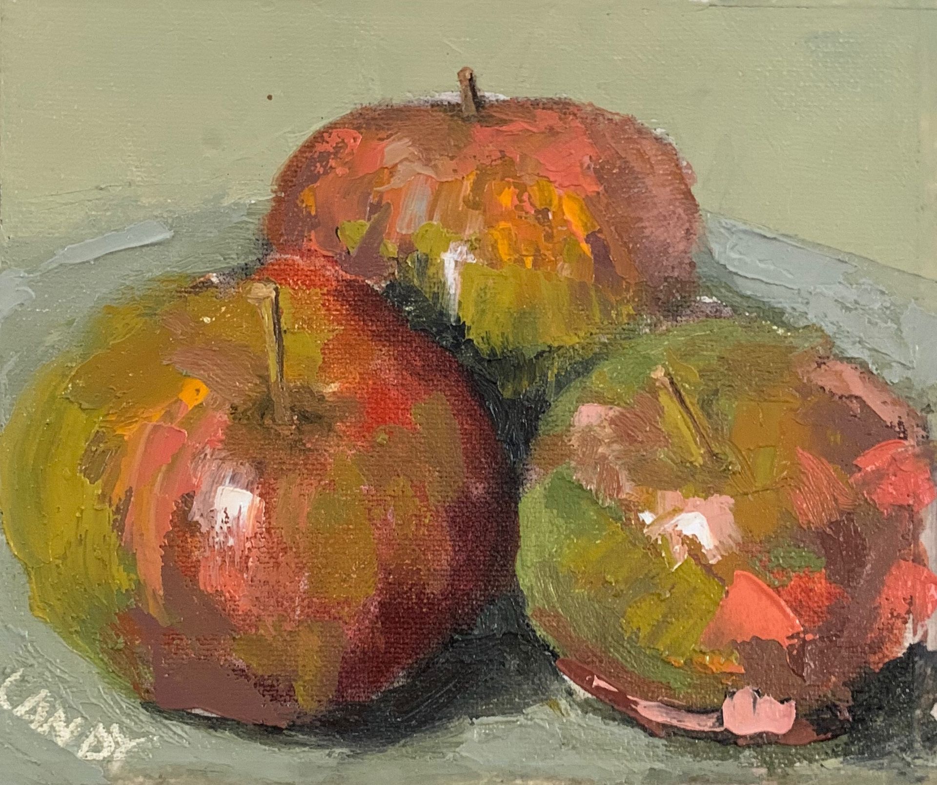 Three red apples painted in an impressionist style on a muted gray-green background