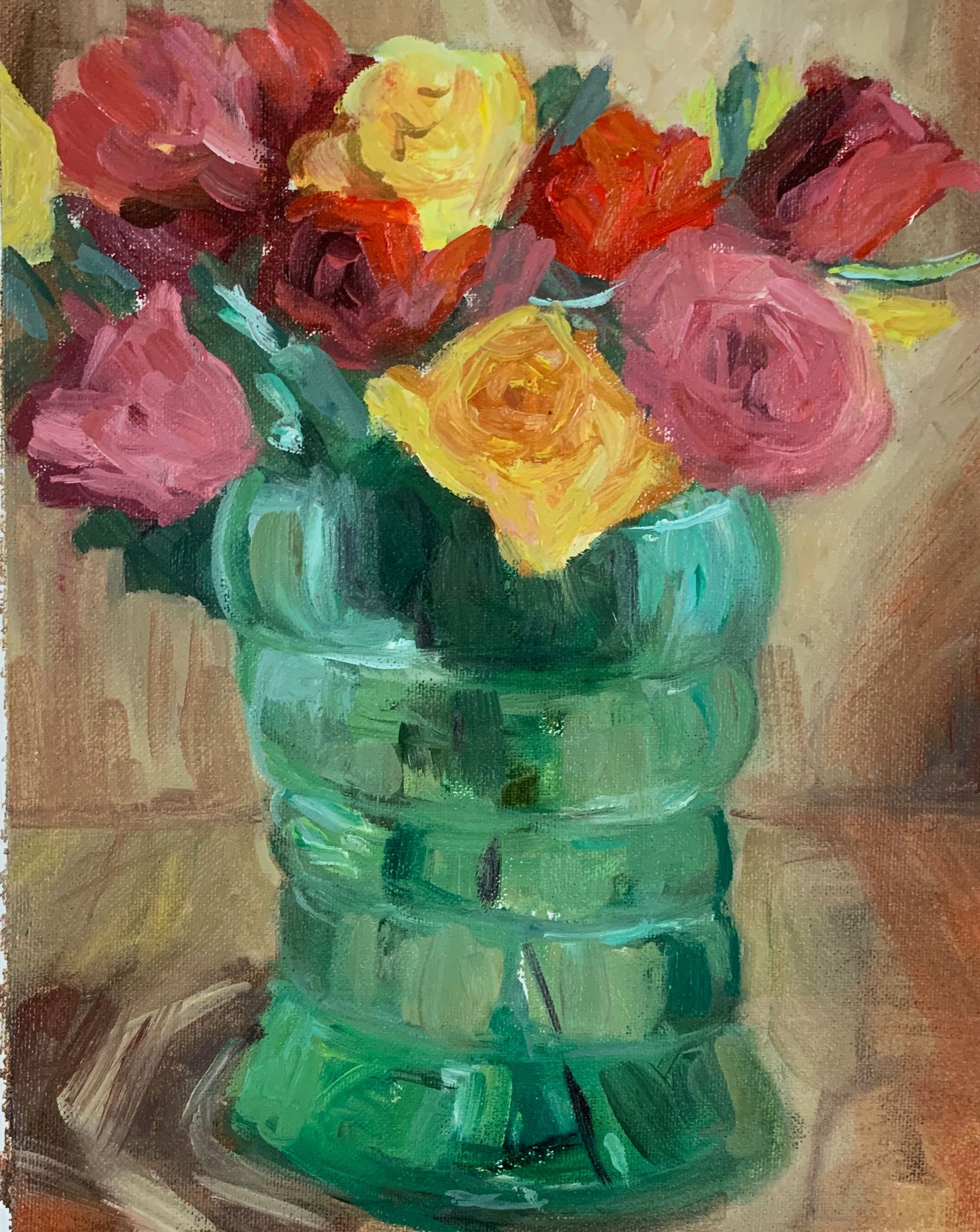 Colorful flowers in a green glass vase on a table, painted in a loose impressionist style