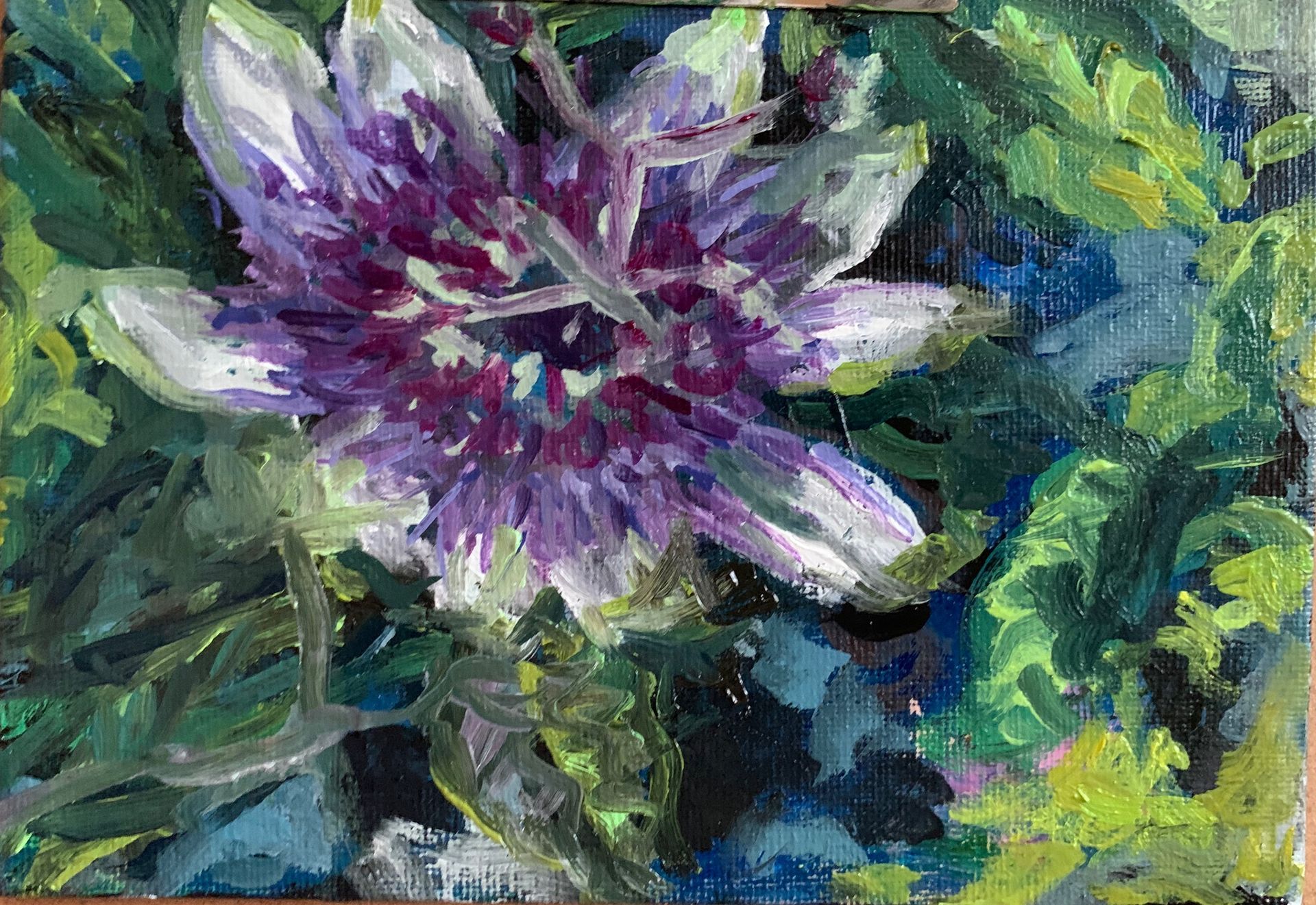 Abstract painting of a purple flower with green leaves and textured brushstrokes