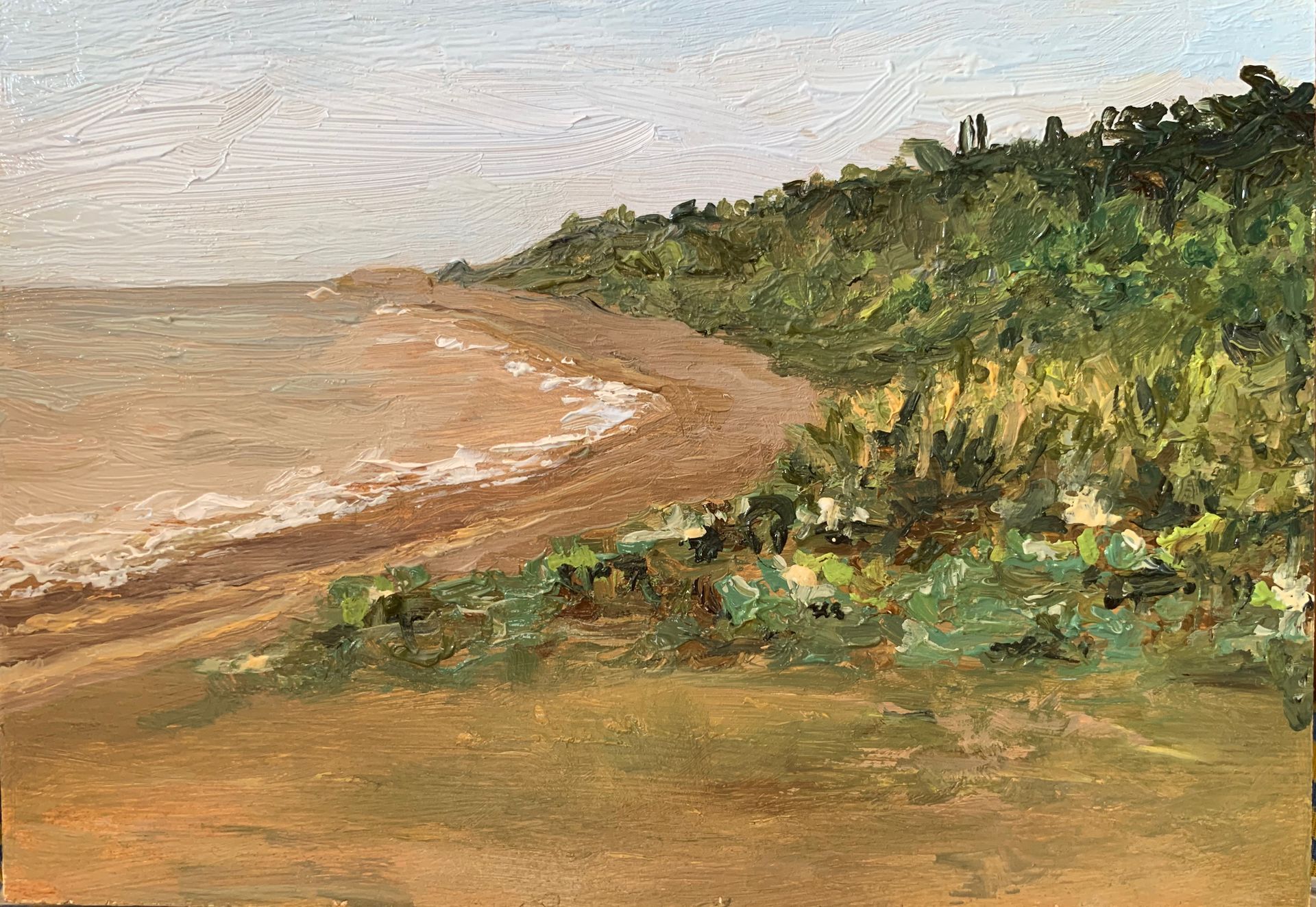 Impressionist painting of a sandy beach curving past green dunes under a pale sky