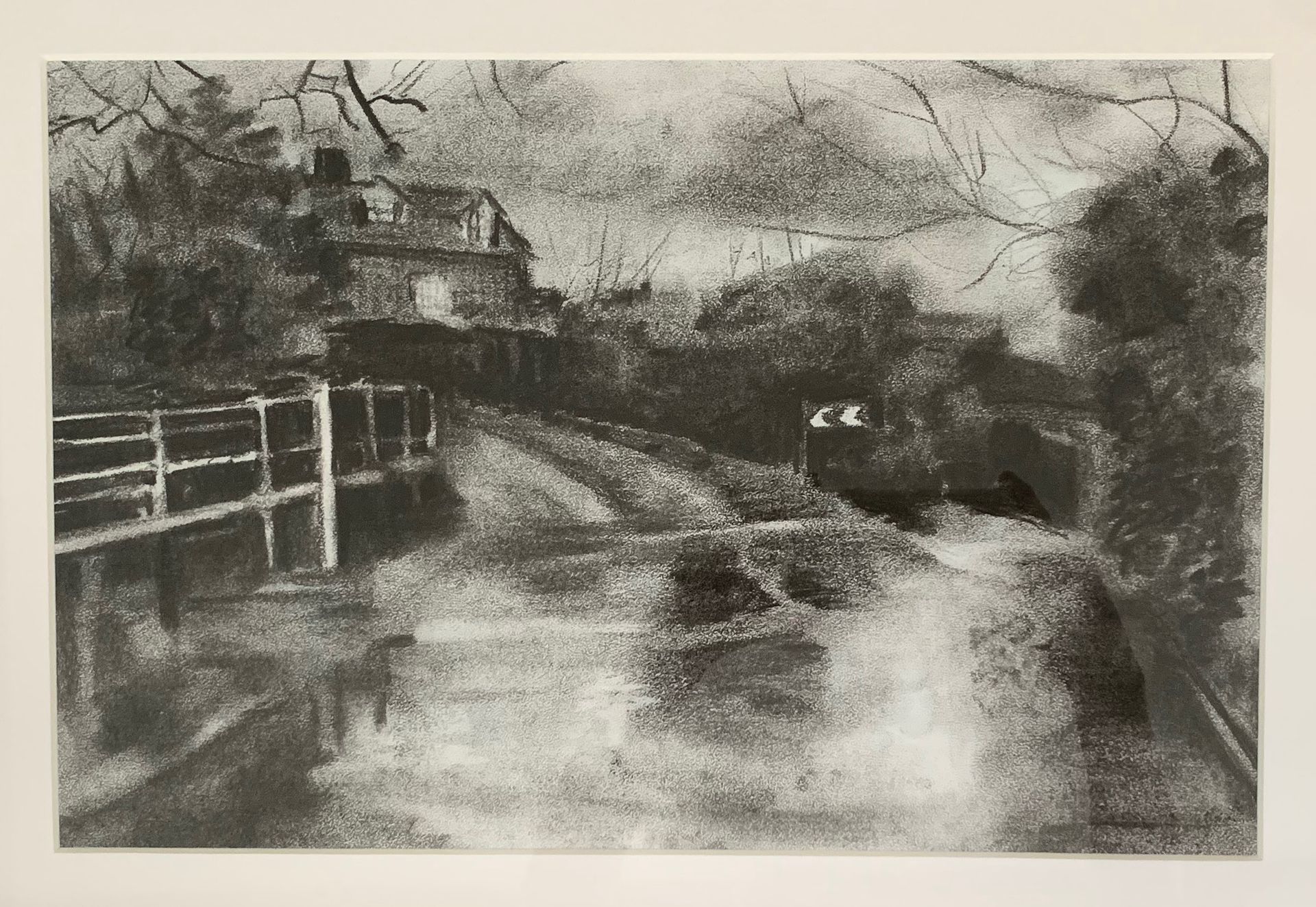 Monochrome sketch of a riverside path with a bridge, trees, and a distant house in the background