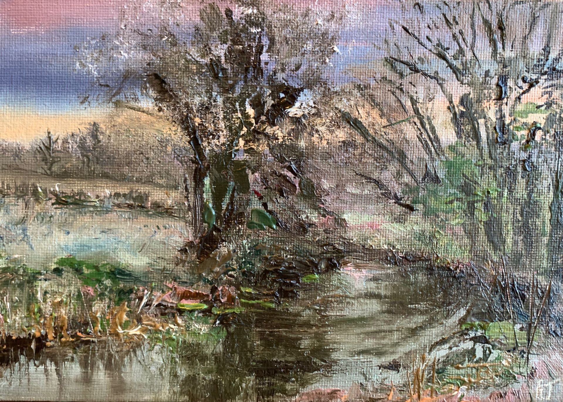 Impressionist landscape of a marsh with bare trees, reflective water, and a pastel sky