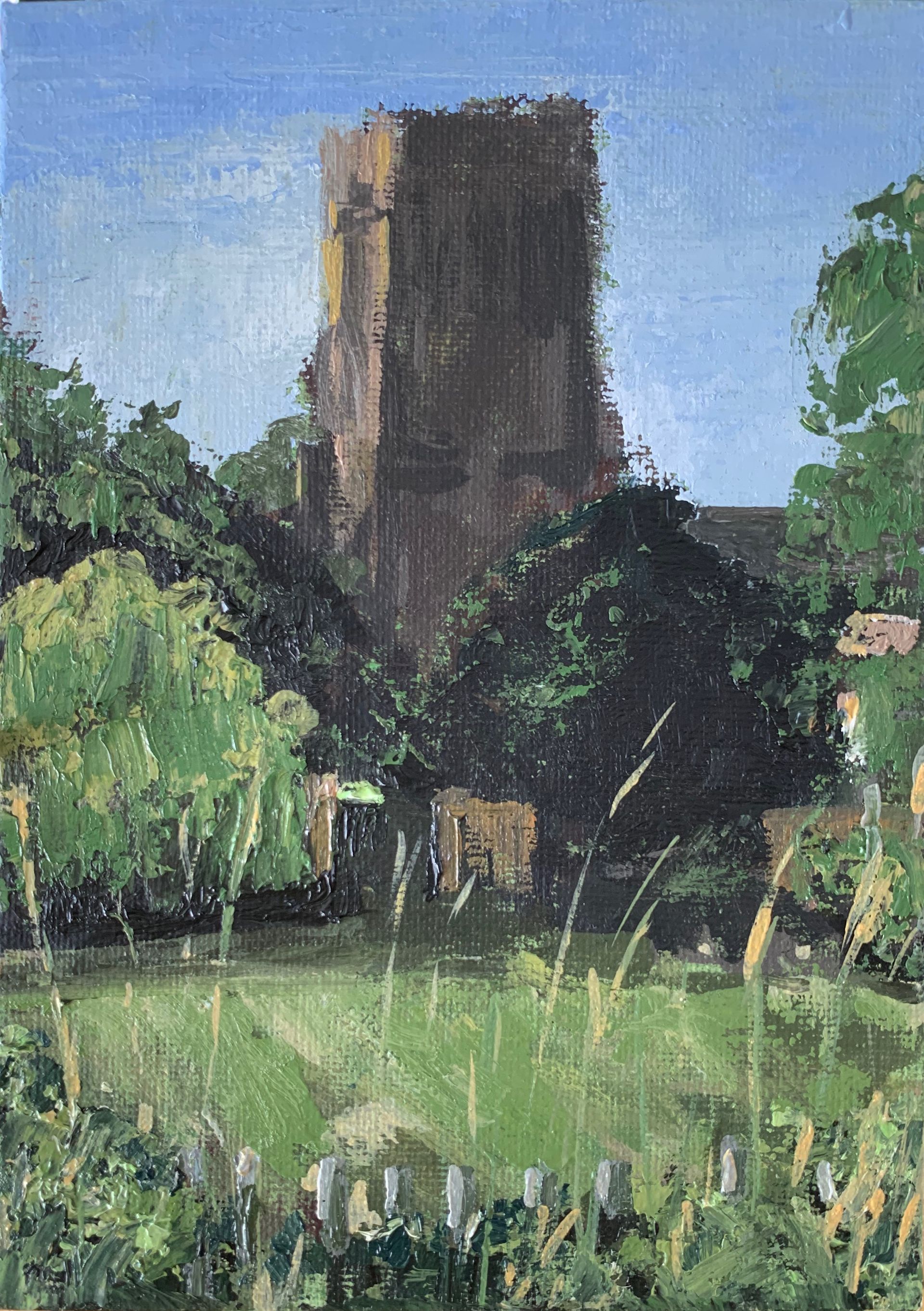 Painted landscape with a tall stone tower, green trees, and a grassy field under a blue sky