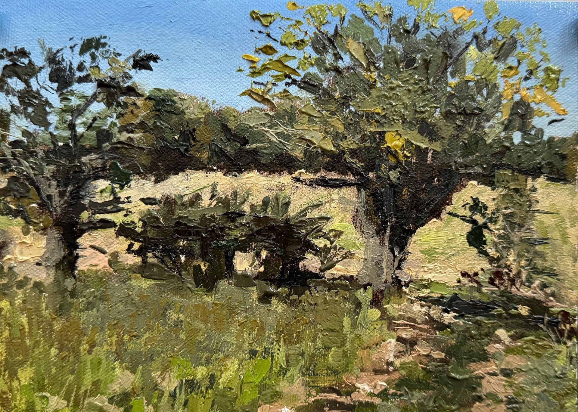 Impressionist landscape of trees and shrubs in a sunny field under a blue sky