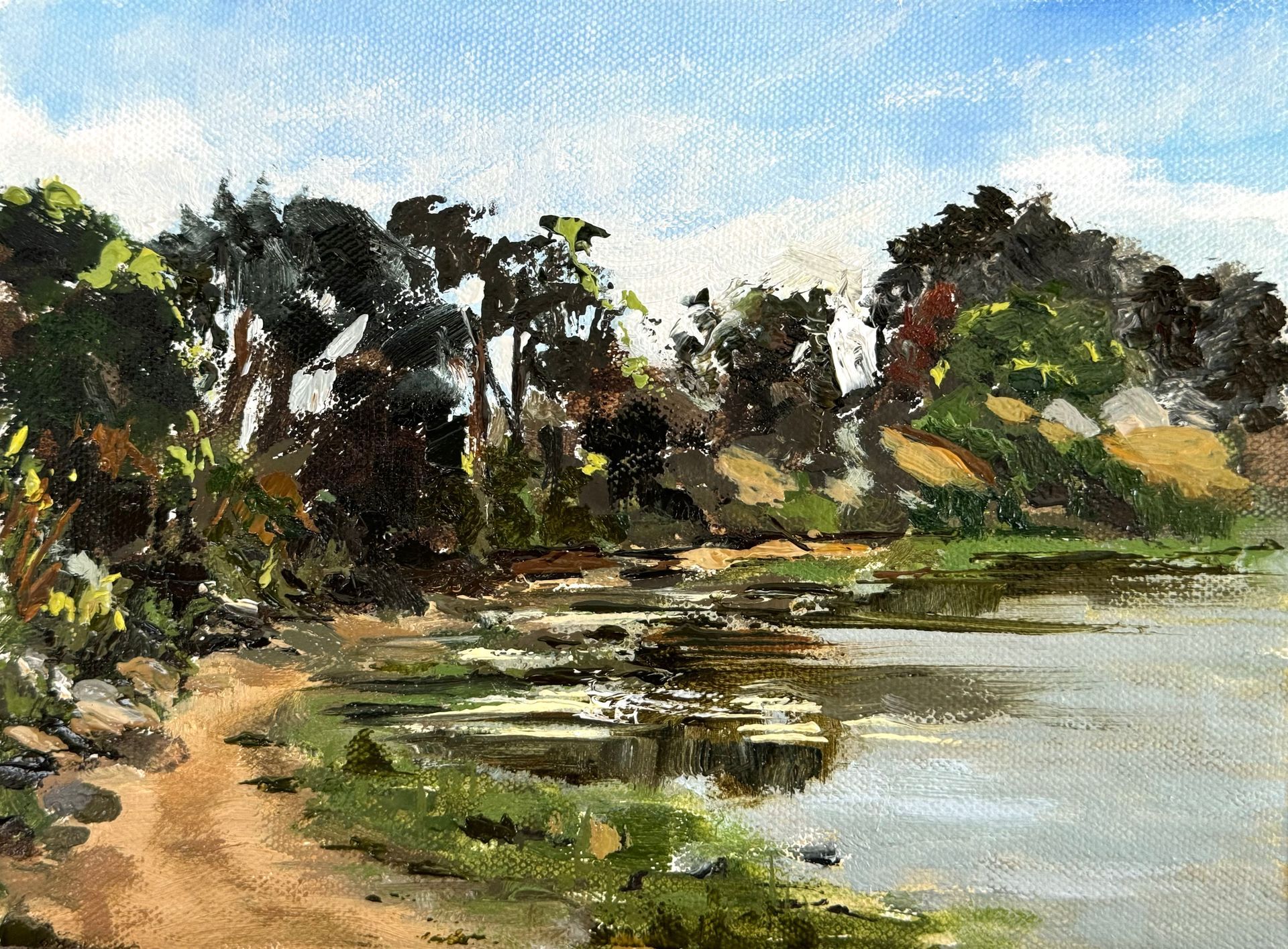 Painterly landscape of a calm river beside dense green trees under a cloudy sky