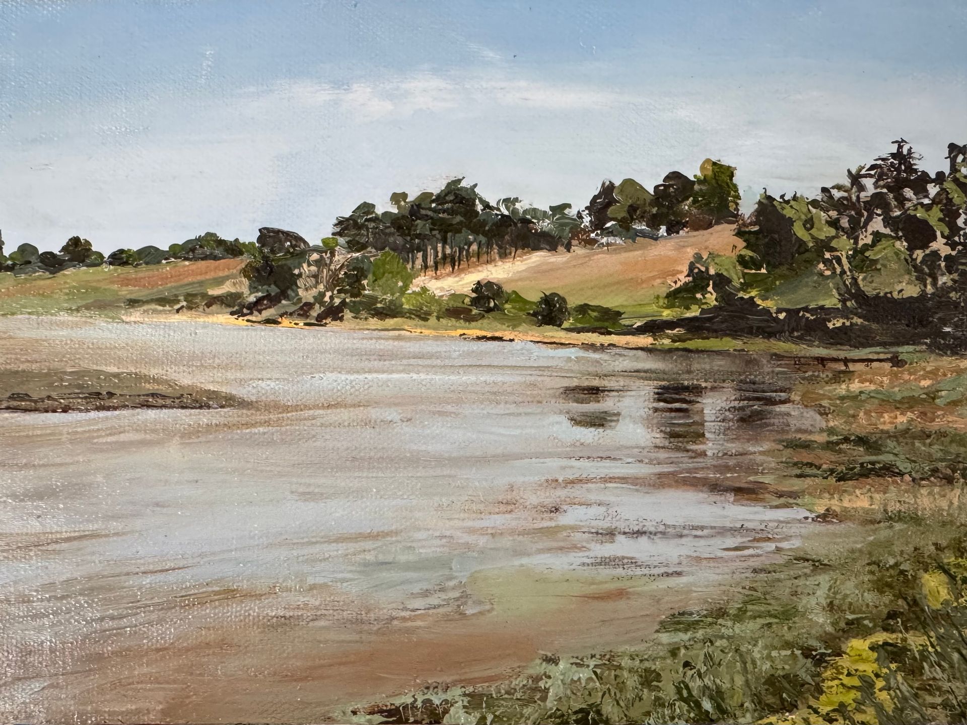 Calm river beside a sandy shore with trees and grassy hills under a pale sky