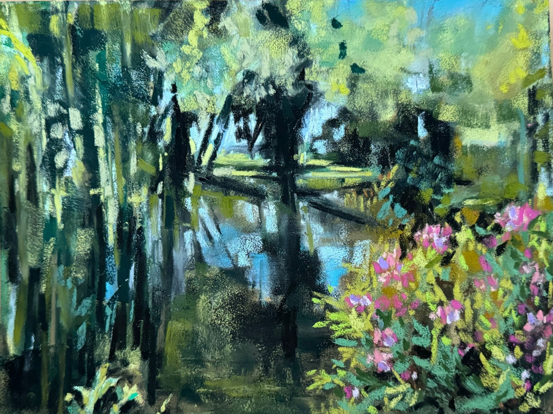 Impressionist garden scene with bamboo, a reflective stream, and pink flowers in the foreground