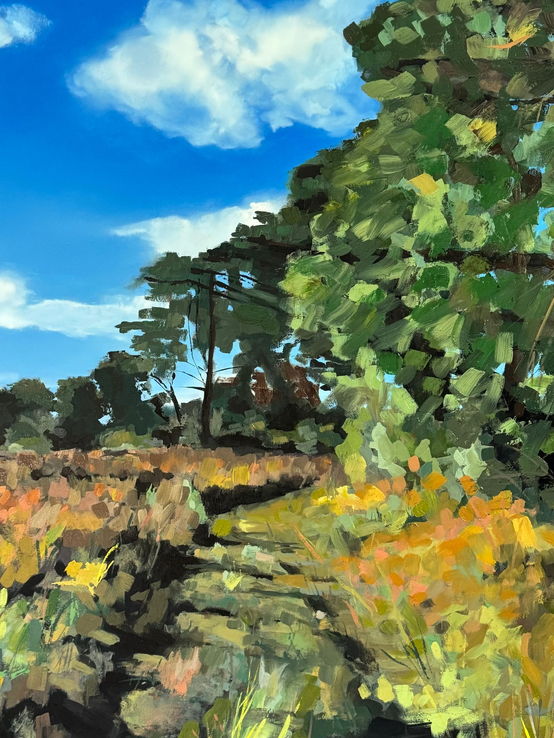 Painted countryside path beside green trees and yellow wildflowers under a blue sky with clouds
