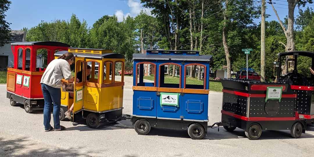 Mini train that people can ride in.
