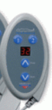 A close up of a remote control with buttons and a digital display.