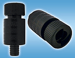 A pair of black plastic connectors on a blue background.