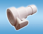 A white plastic hose connector on a blue background.