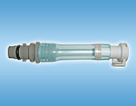 A clear plastic tube with a white hose attached to it on a blue background.