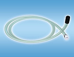 A green hose with a black handle on a blue background.