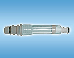 A close up of a clear plastic tube on a blue background.