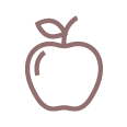 A simple, brown line-art illustration of an apple with a single leaf attached to its stem.