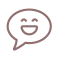 A purple-brown outline of a speech bubble containing a smiling face with closed eyes.