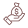 A stylized icon of a hand holding a money bag with a dollar sign on it, outlined in dark brown.