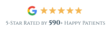 Google logo with five gold stars and the text “5-star rated by 510+ happy patients”