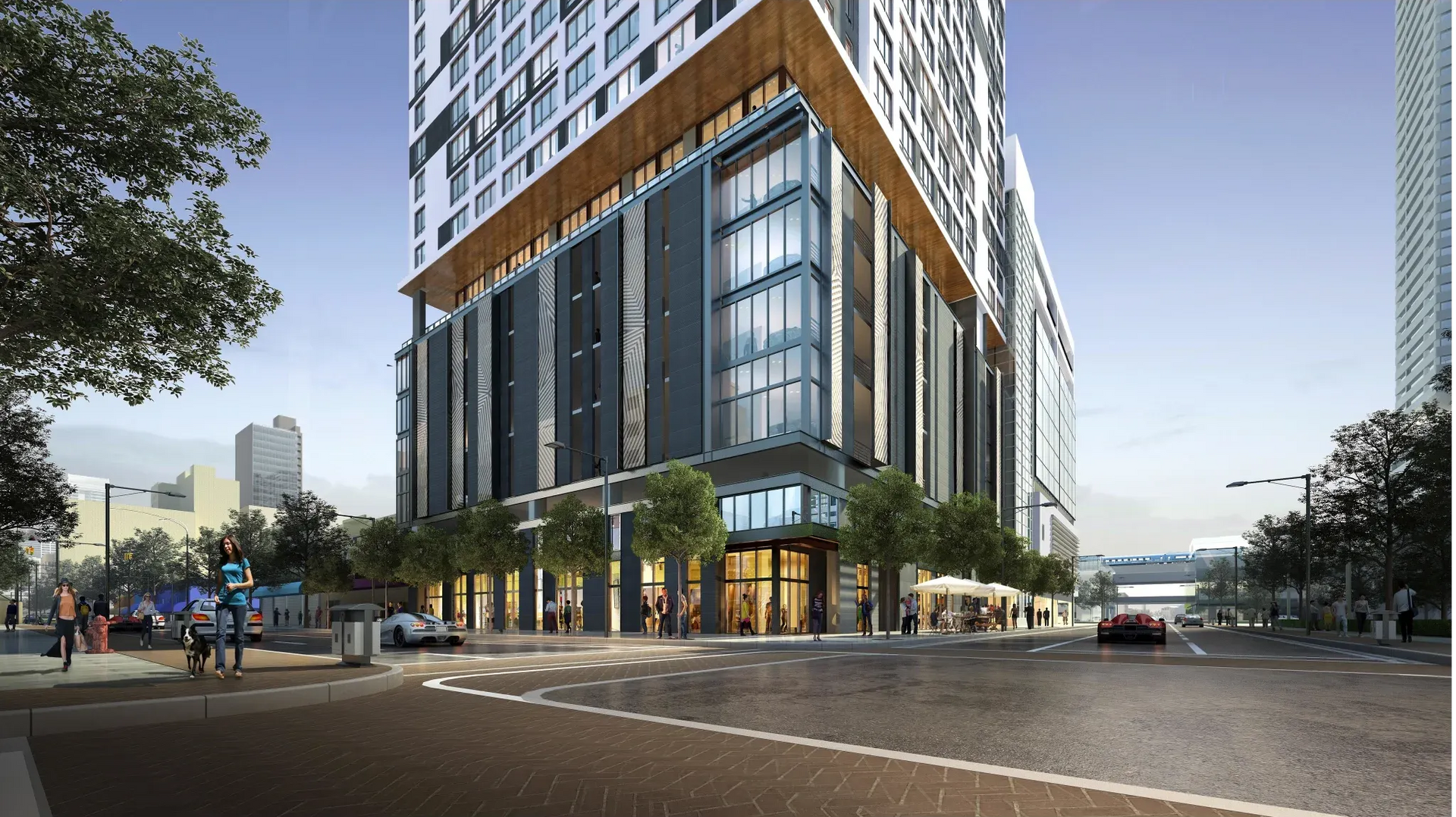 Rendering of a modern high-rise apartment building with street-level shops and pedestrians.