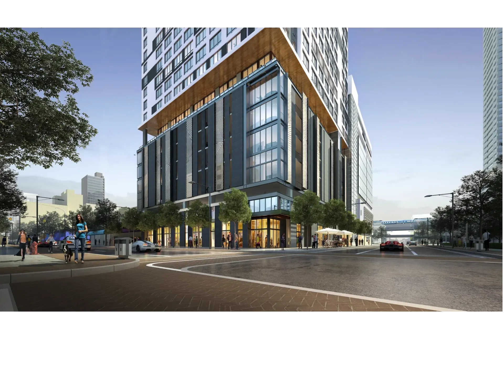 Rendering of a modern high-rise apartment building with street-level shops and pedestrians.