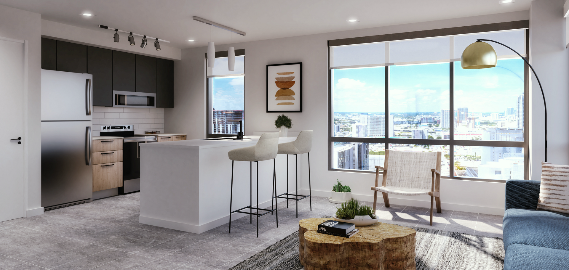 Open-concept apartment interior with a kitchen island, bar stools, and a large window with city views.