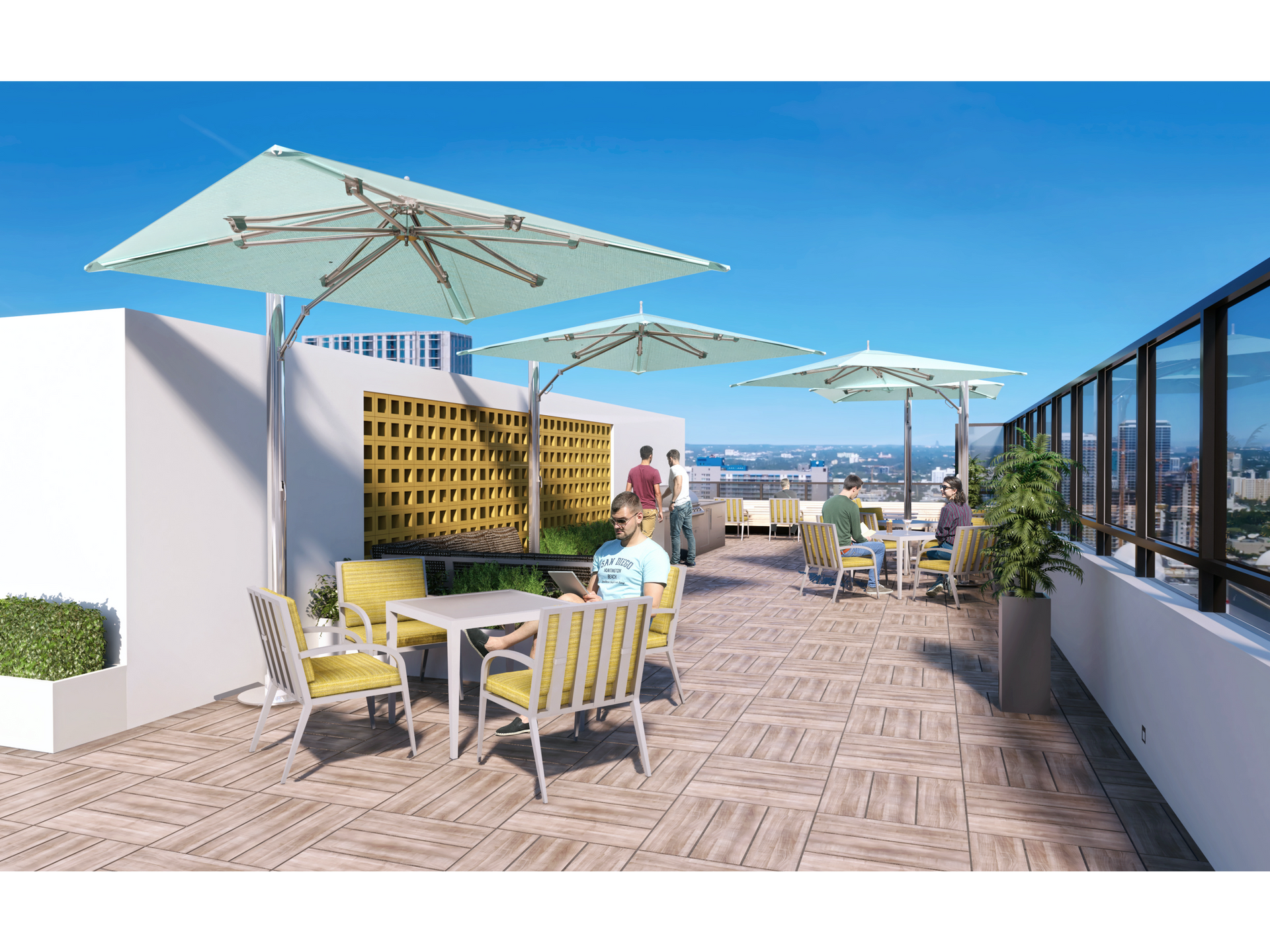 Rooftop terrace with large umbrellas, tables and chairs, and people enjoying skyline views.