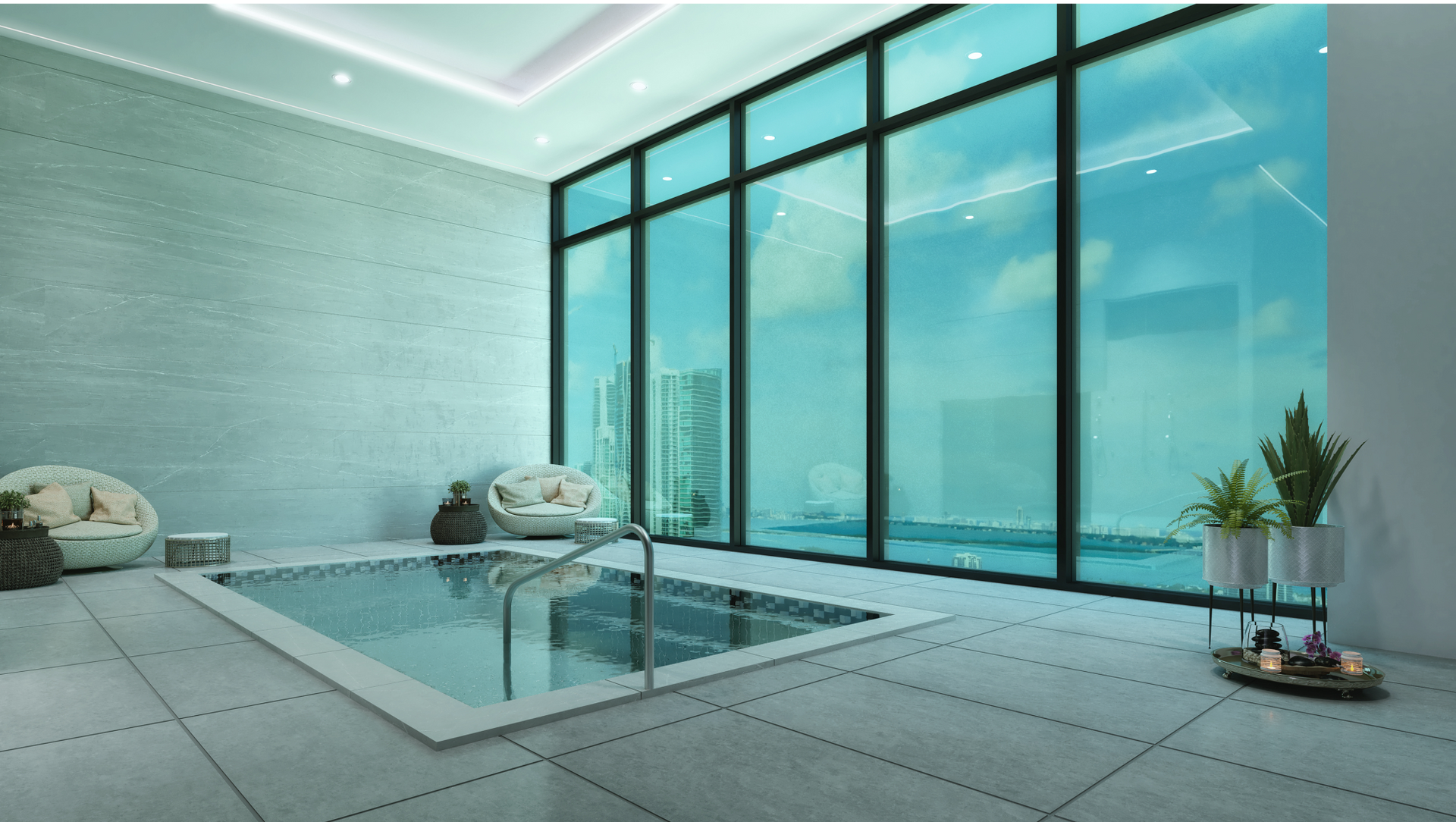 Indoor pool area with floor-to-ceiling glass windows and lounge seating.