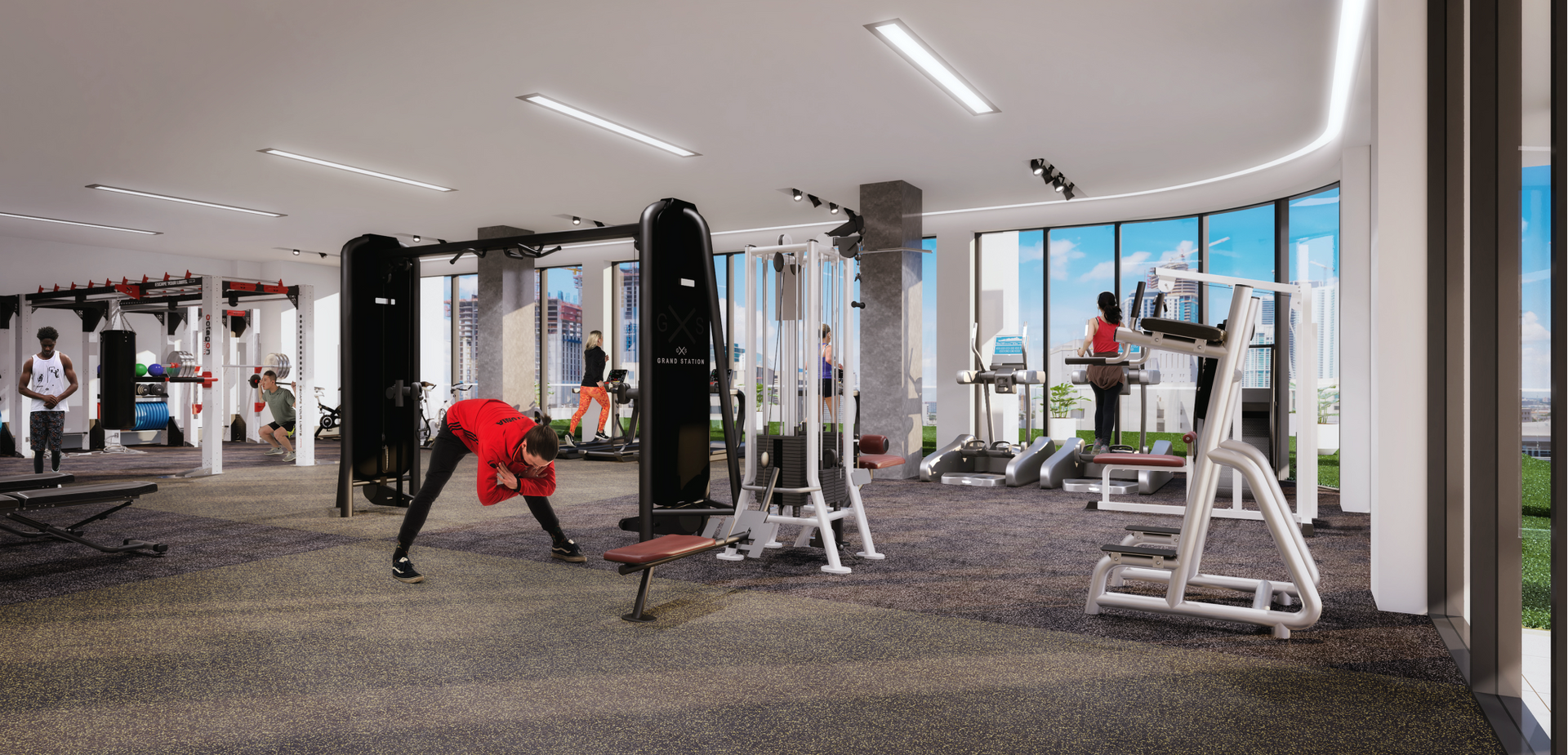 Indoor modern gym with people using weight machines and cardio equipment by large windows.