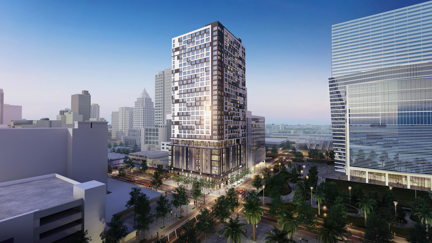 Rendering of a modern high-rise apartment building with a city skyline.