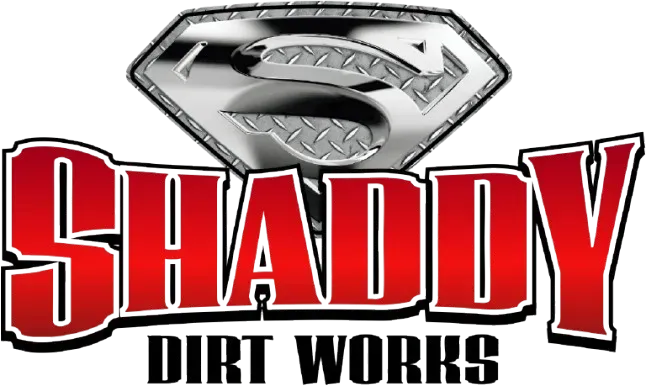 Shiny silver diamond logo above bold red “SHADY” and black “DIRT WORKS” text