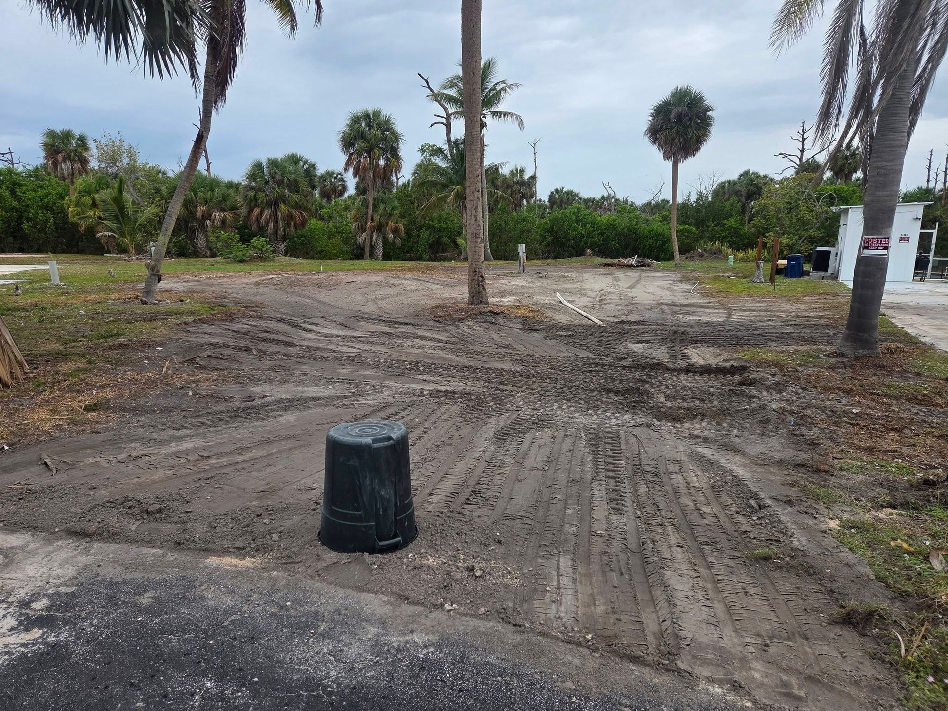 Empty dirt lot with a black trash bin, palm trees, and a cloudy sky