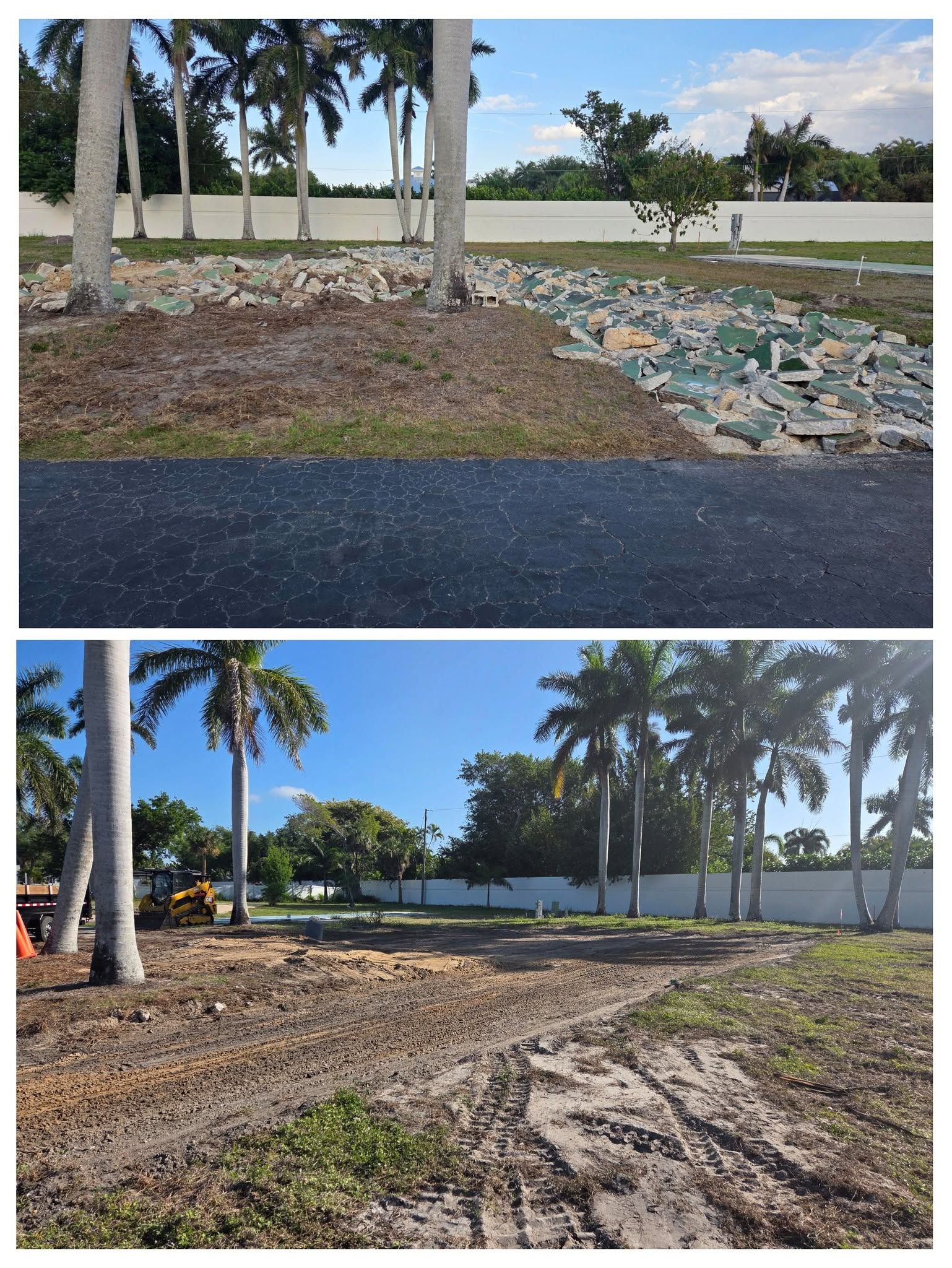 Landscaped roadside with palm trees, gravel, and a white wall under a blue sky.