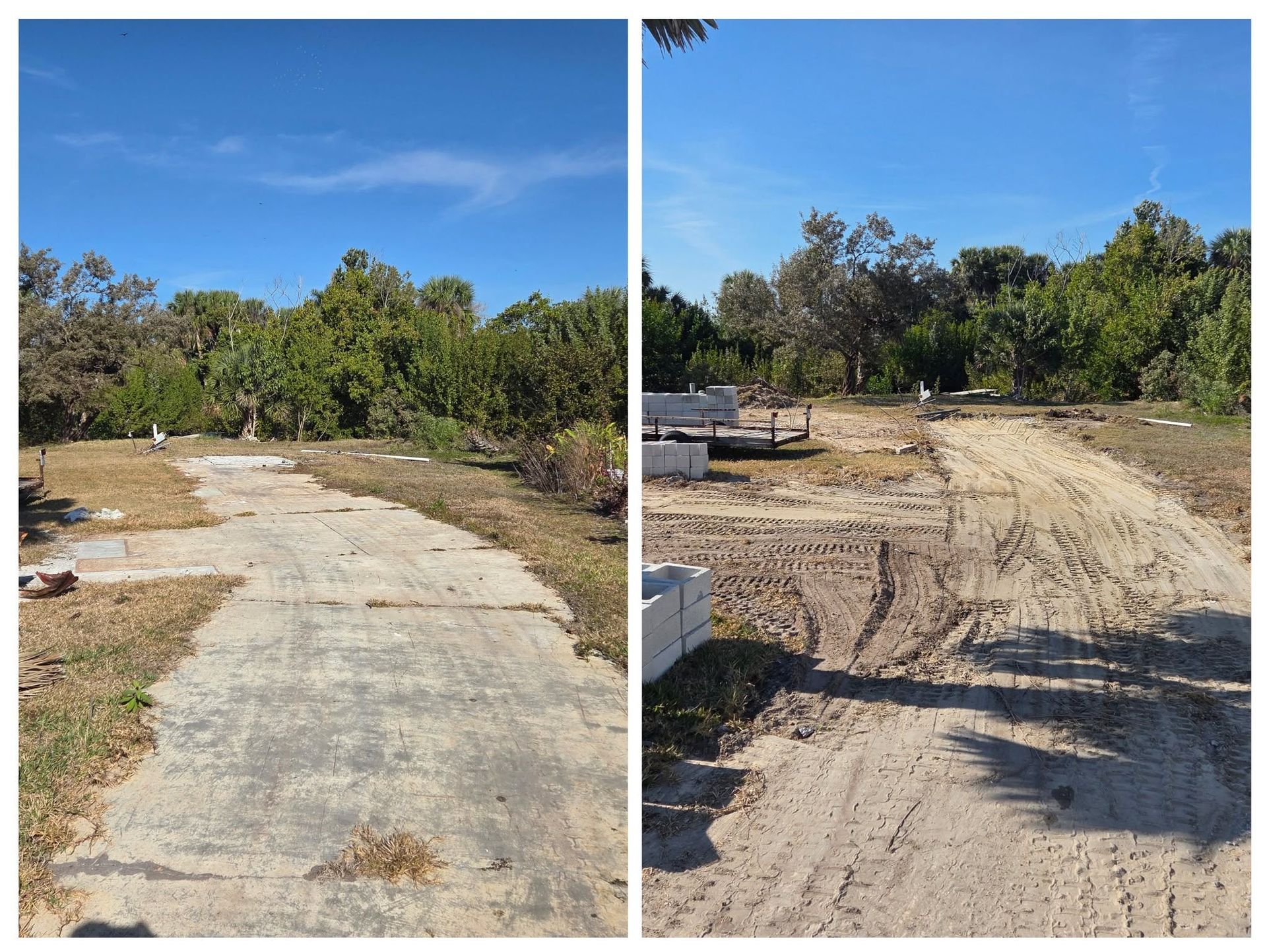 Side-by-side view of a concrete path and a sandy dirt path in a sunny wooded area