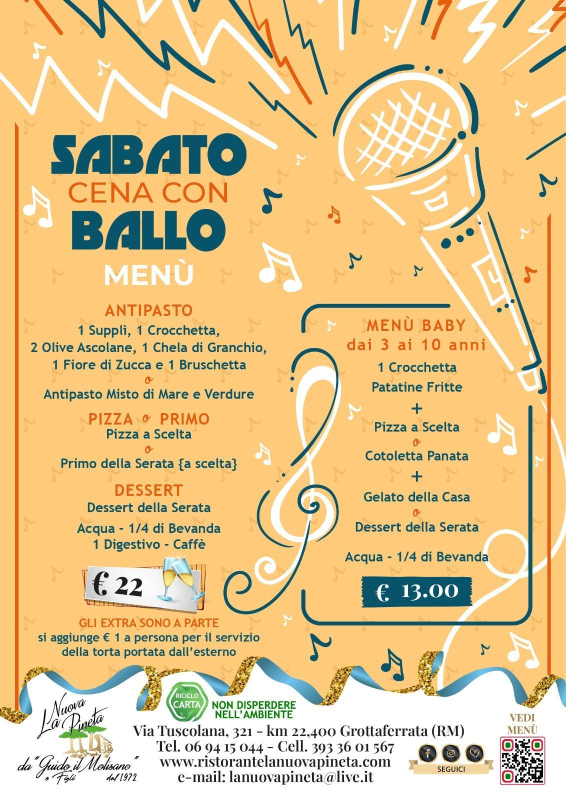 Volantino di un ristorante per una cena di sabato con ballo, con menu, prezzi e grafica del microfono.