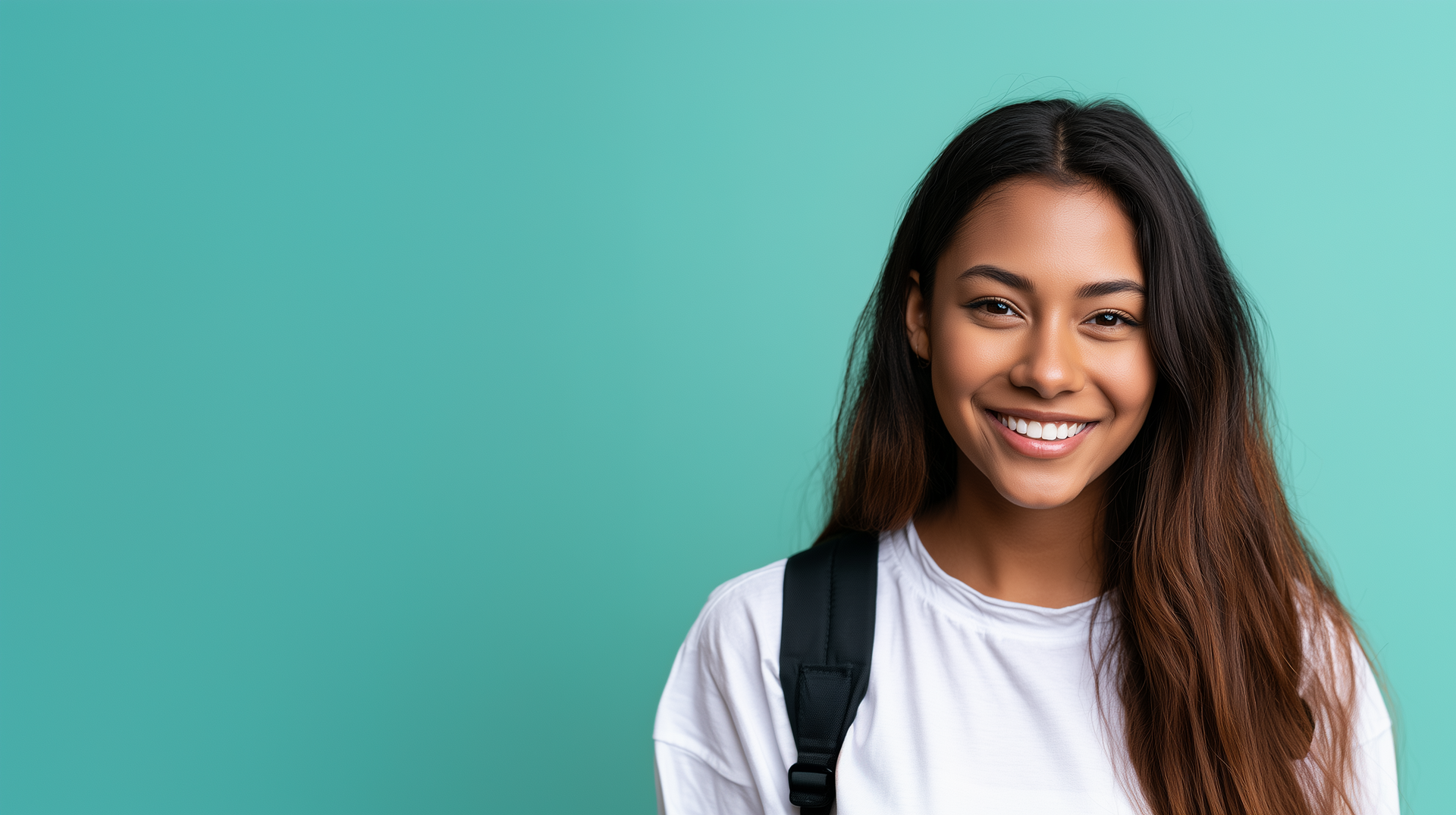 Smiling woman with long hair and backpack against a teal background
