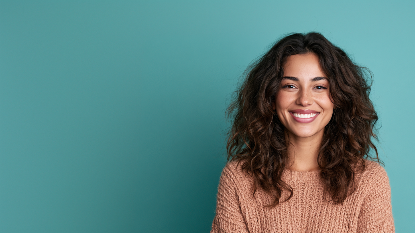 Smiling person with curly hair against a teal background